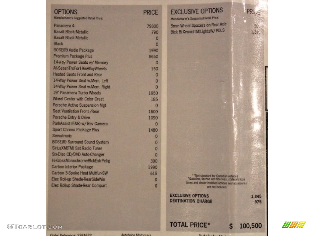 2012 Porsche Panamera 4 Window Sticker Photos