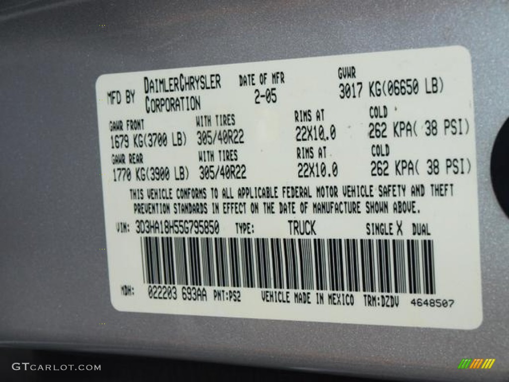 2005 Dodge Ram 1500 SRT-10 Quad Cab Color Code Photos