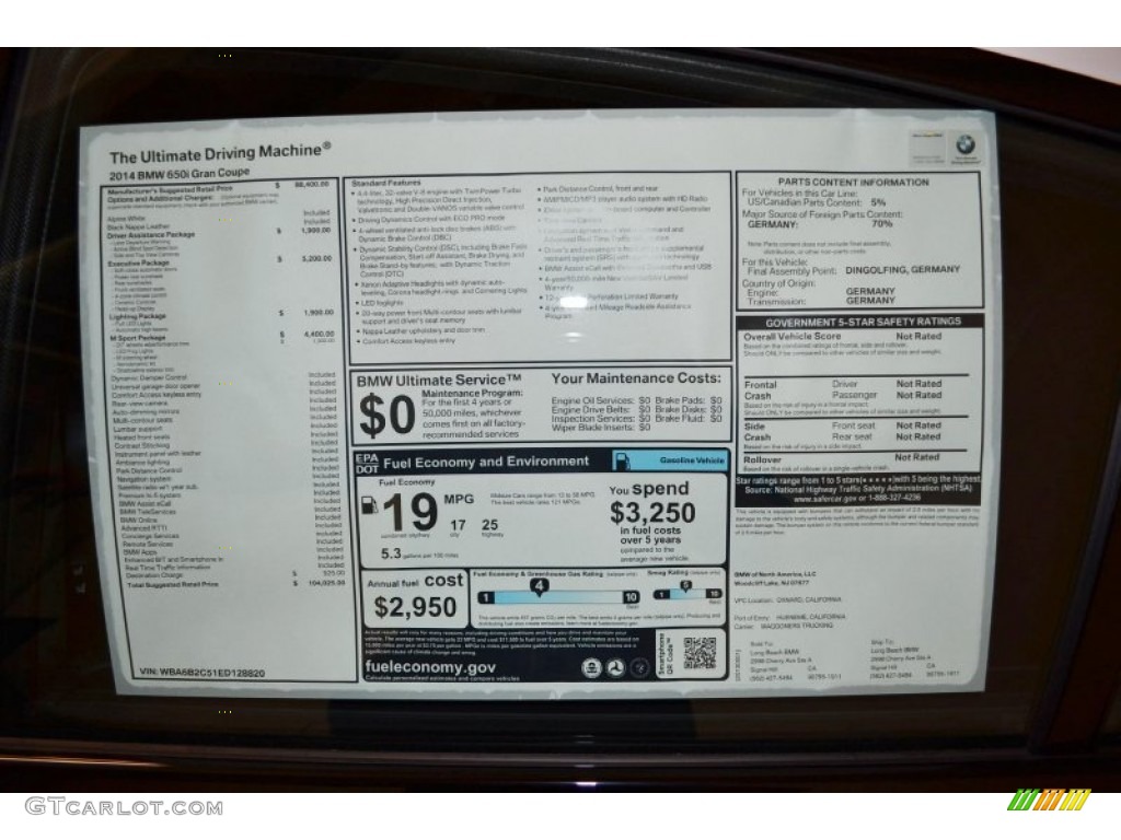 2014 BMW 6 Series 650i Gran Coupe Window Sticker Photo #80793888