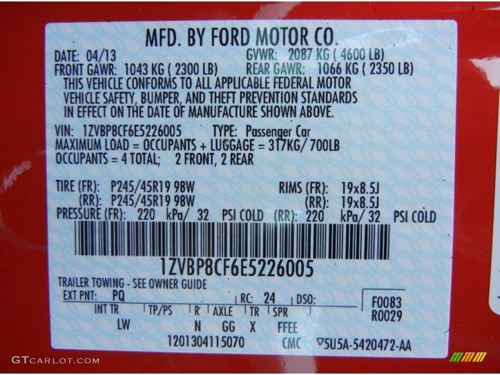 2014 Mustang Color Code PQ for Race Red Photo #80795184