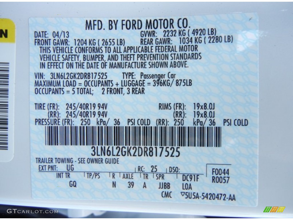 2013 MKZ Color Code UG for White Platinum Photo #80797046
