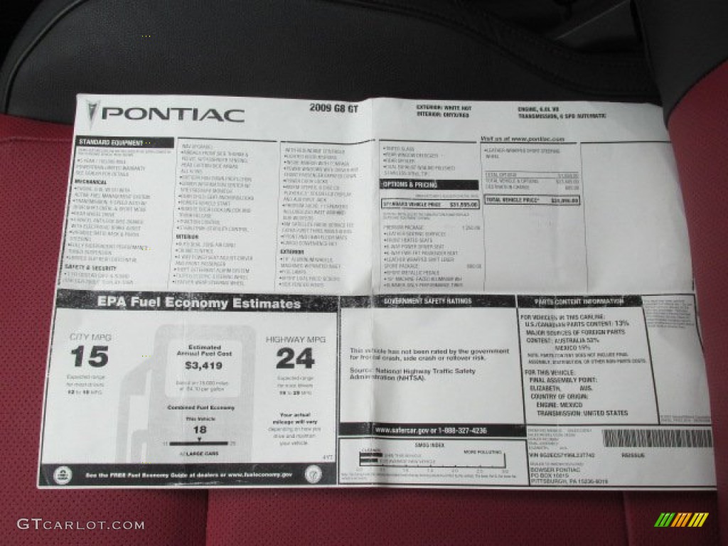 2009 Pontiac G8 GT Window Sticker Photo #80804178