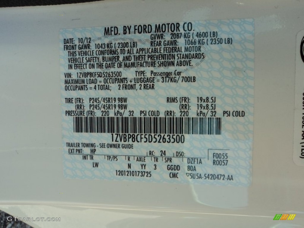 2013 Mustang Color Code HP for Performance White Photo #80805538
