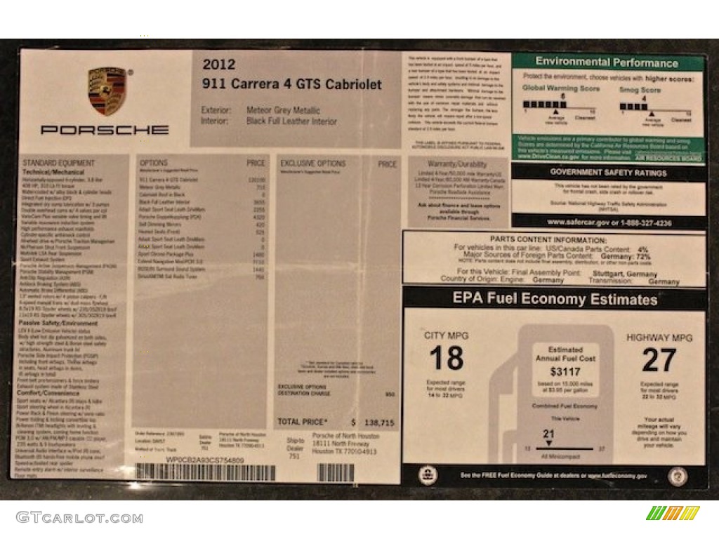 2012 Porsche 911 Carrera 4 GTS Cabriolet Window Sticker Photo #80814001