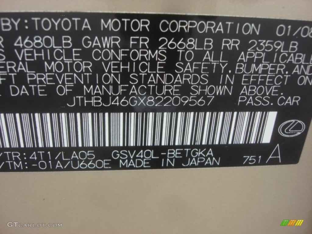 2008 ES Color Code 4T1 for Golden Almond Metallic Photo #80816939