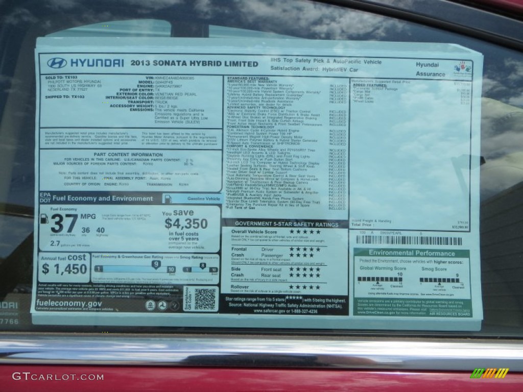 2013 Hyundai Sonata Hybrid Limited Window Sticker Photo #80823624