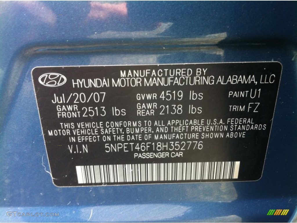 2008 Hyundai Sonata GLS V6 Color Code Photos