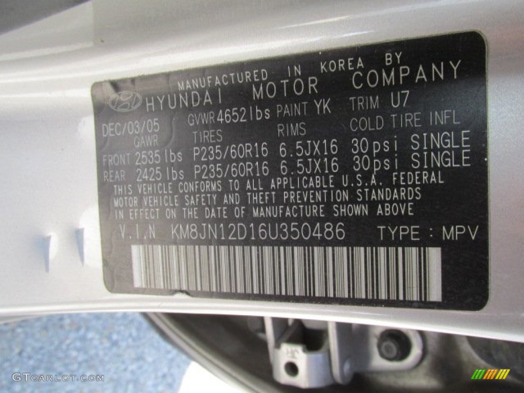 2006 Hyundai Tucson GLS V6 Color Code Photos