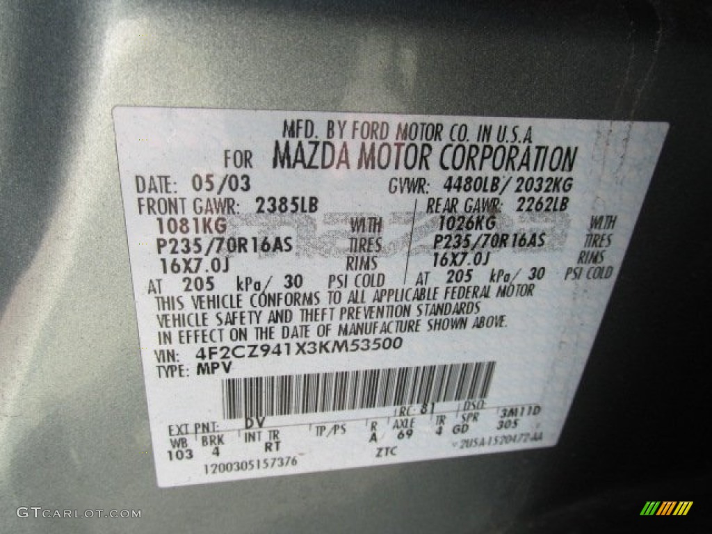 2003 Mazda Tribute LX-V6 4WD Color Code Photos