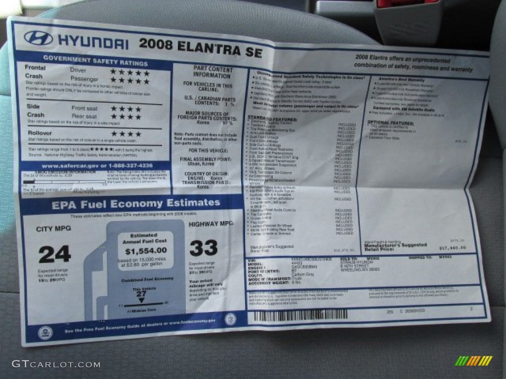 2008 Hyundai Elantra SE Sedan Window Sticker Photo #80854176