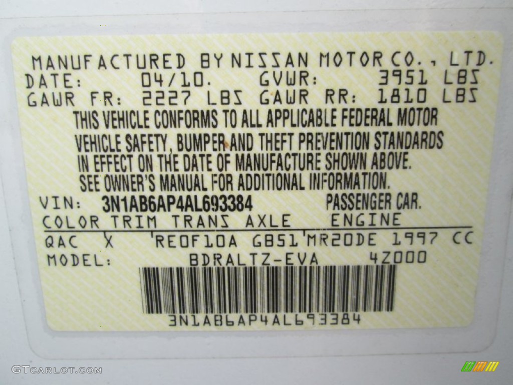 2010 Sentra Color Code QAC for Aspen White Photo #80860495