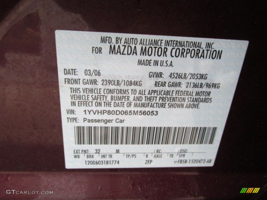 2006 MAZDA6 Color Code 32M for Dark Cherry Metallic Photo #80900653