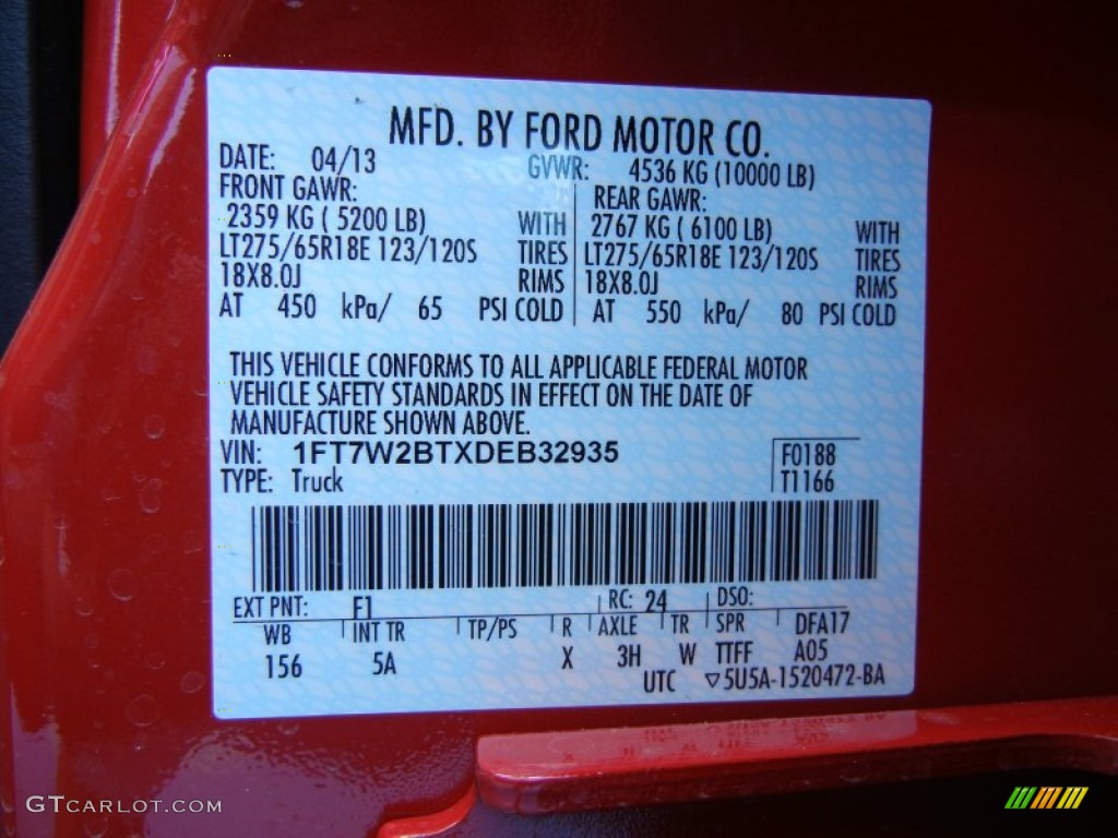 2013 F250 Super Duty Color Code F1 for Vermillion Red Photo #80906534