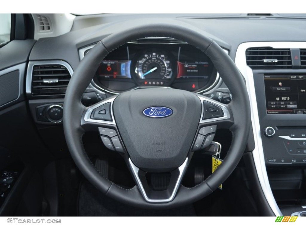 2013 Ford Fusion SE 1.6 EcoBoost SE Appearance Package Charcoal Black/Red Stitching Steering Wheel Photo #80915031