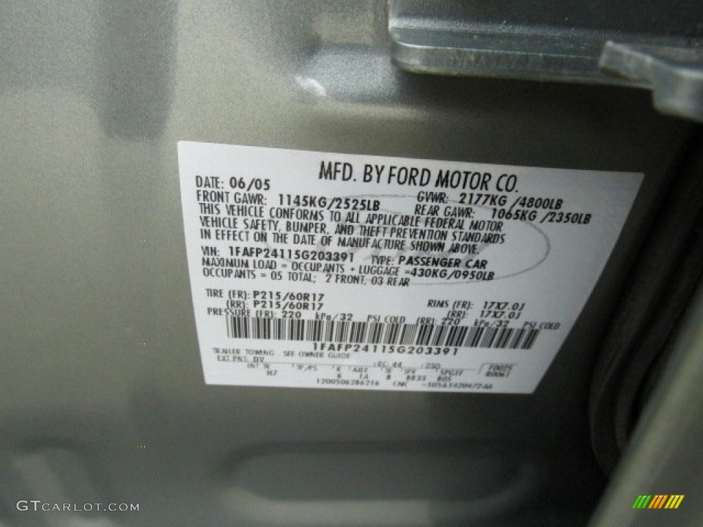 2005 Ford Five Hundred SEL Color Code Photos