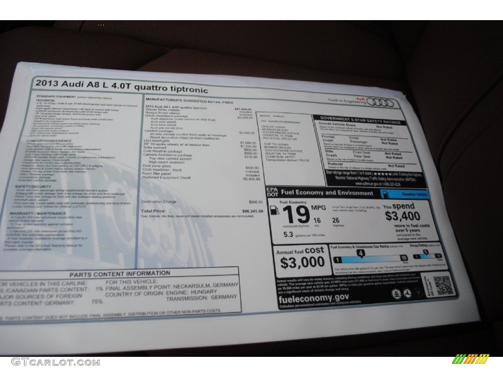 2013 Audi A8 L 4.0T quattro Window Sticker Photo #80945184