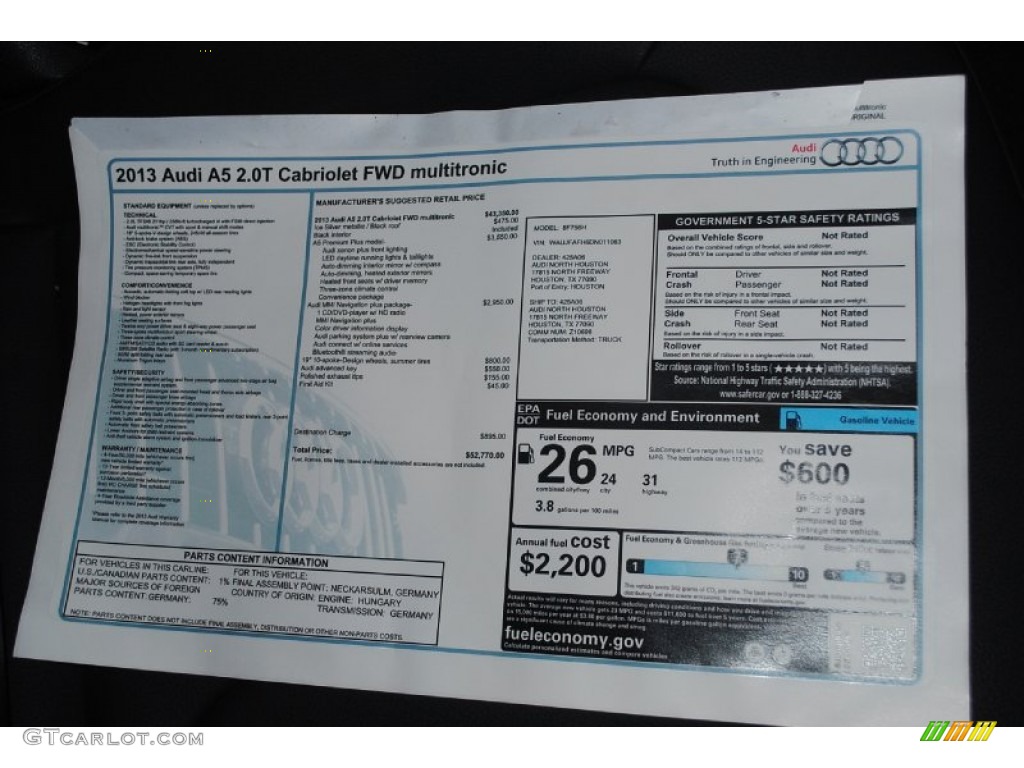 2013 Audi A5 2.0T Cabriolet Window Sticker Photo #80959765