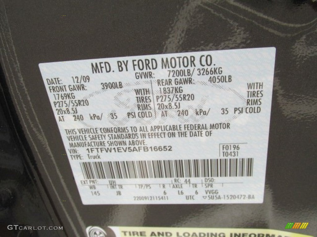 2010 Ford F150 FX4 SuperCrew 4x4 Color Code Photos