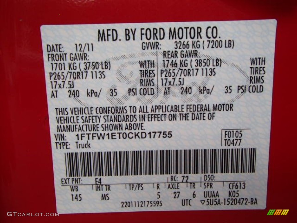 2012 F150 Color Code E4 for Vermillion Red Photo #80976296