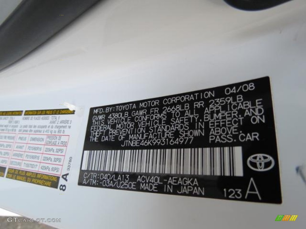 2009 Camry Color Code 040 for Super White Photo #80976707