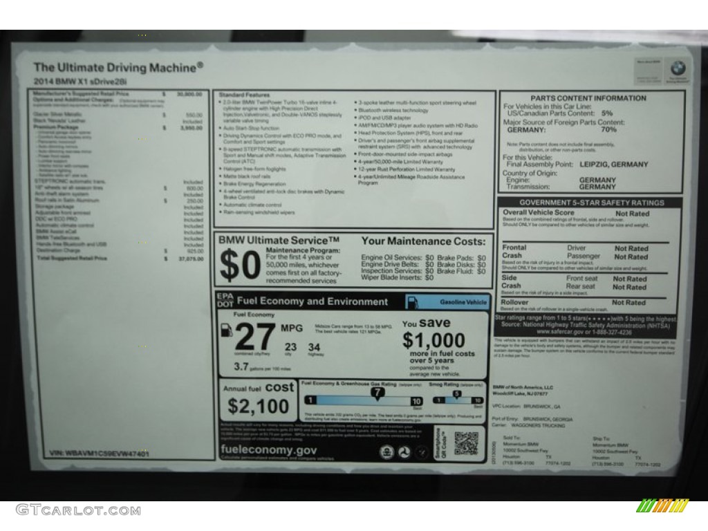 2014 BMW X1 sDrive28i Window Sticker Photo #80999946