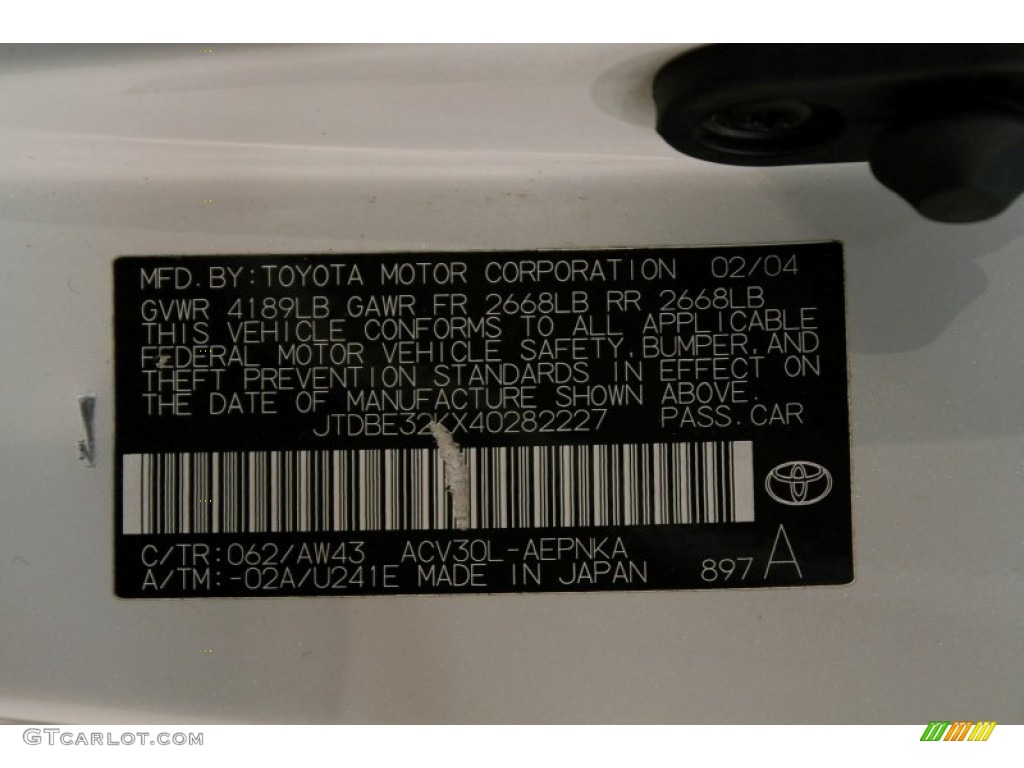 2004 Camry Color Code 062 for Crystal White Photo #81002945