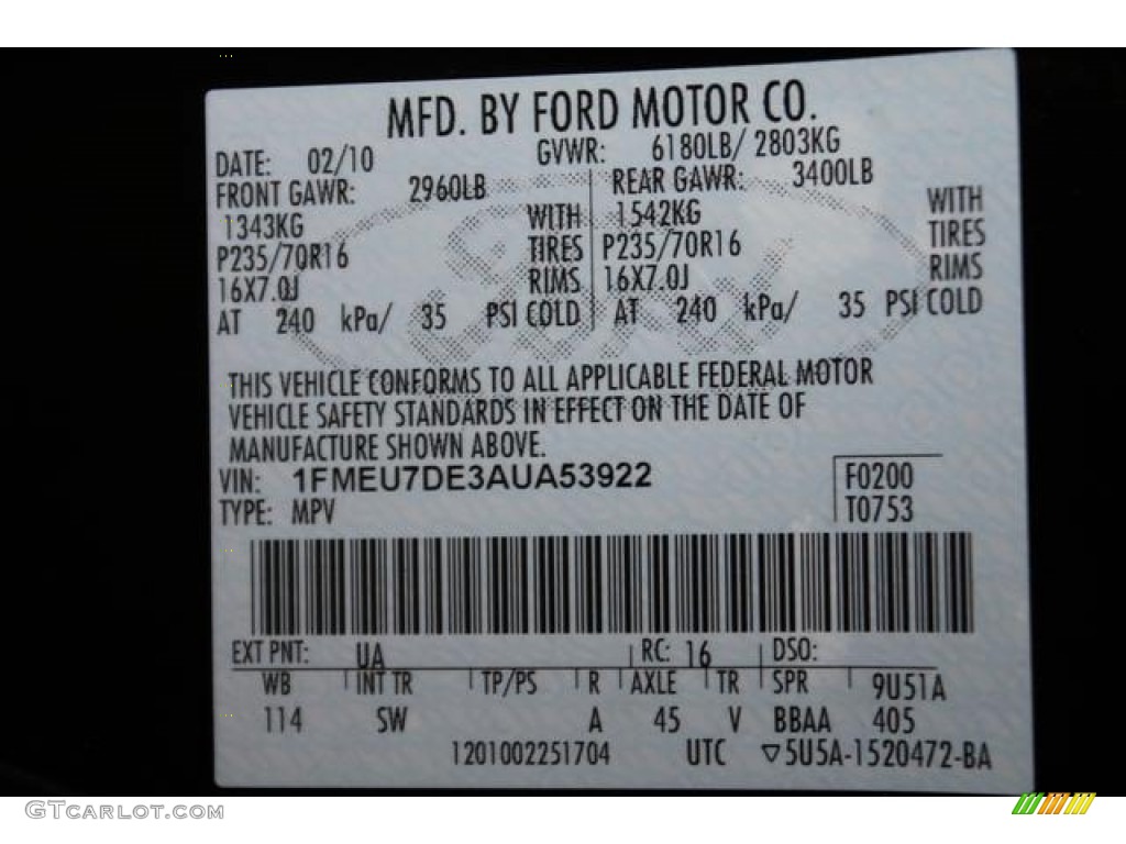 2010 Ford Explorer XLT 4x4 Color Code Photos
