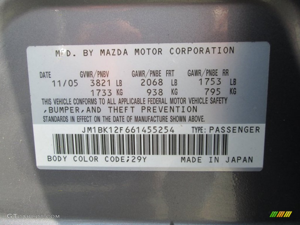 2006 MAZDA3 Color Code 29Y for Titanium Gray Metallic Photo #81009937