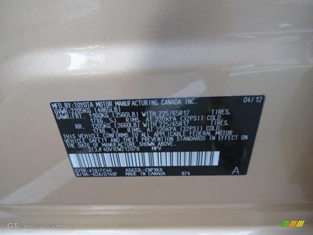 2012 RAV4 Color Code 4T8 for Sandy Beach Metallic Photo #81044919