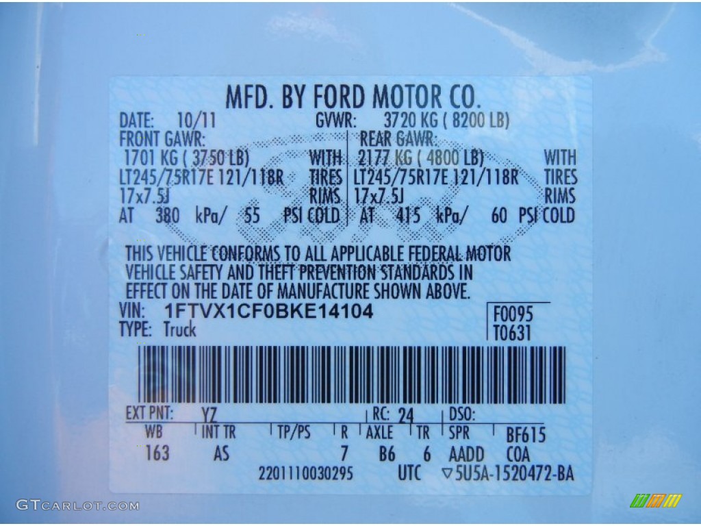 2011 Ford F150 XL SuperCab Color Code Photos