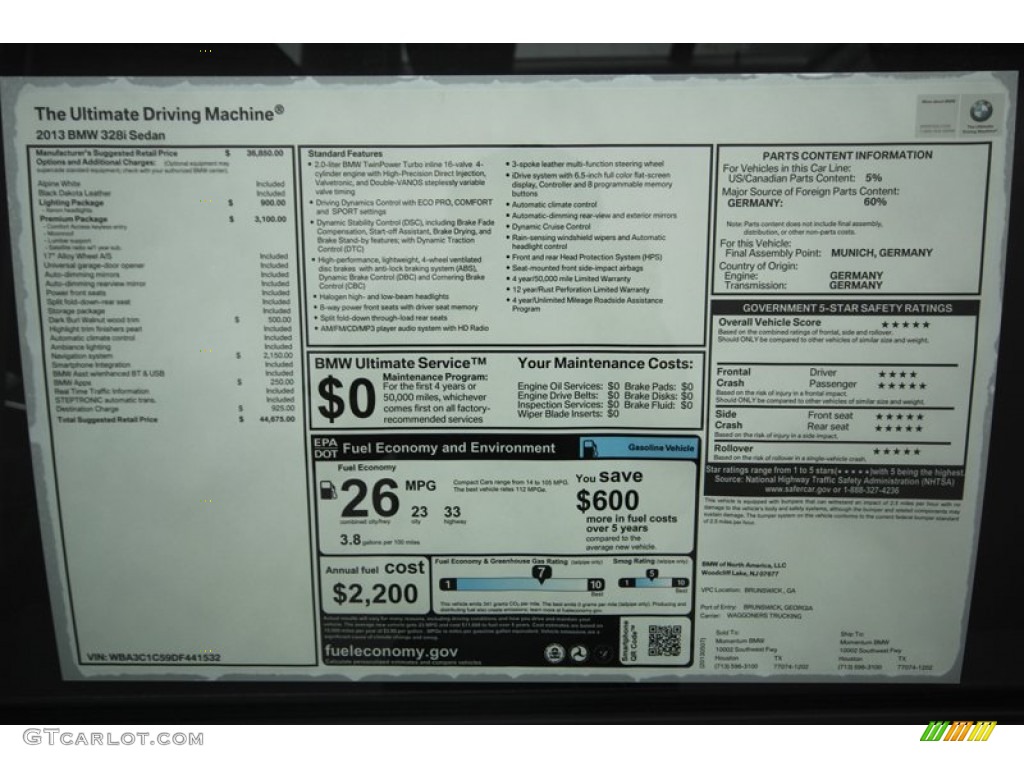 2013 BMW 3 Series 328i Sedan Window Sticker Photo #81084508