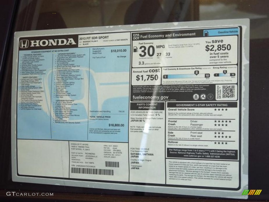 2013 Honda Fit Sport Window Sticker Photo #81086847