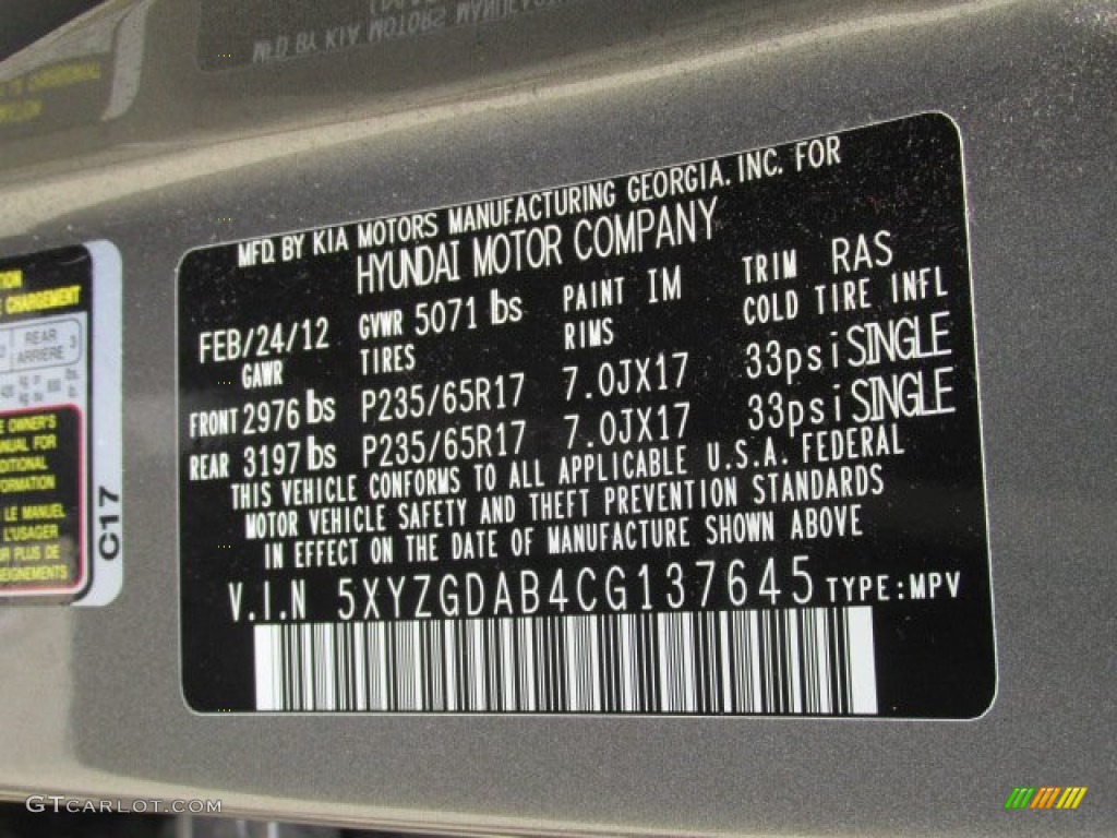 2012 Hyundai Santa Fe GLS AWD Color Code Photos