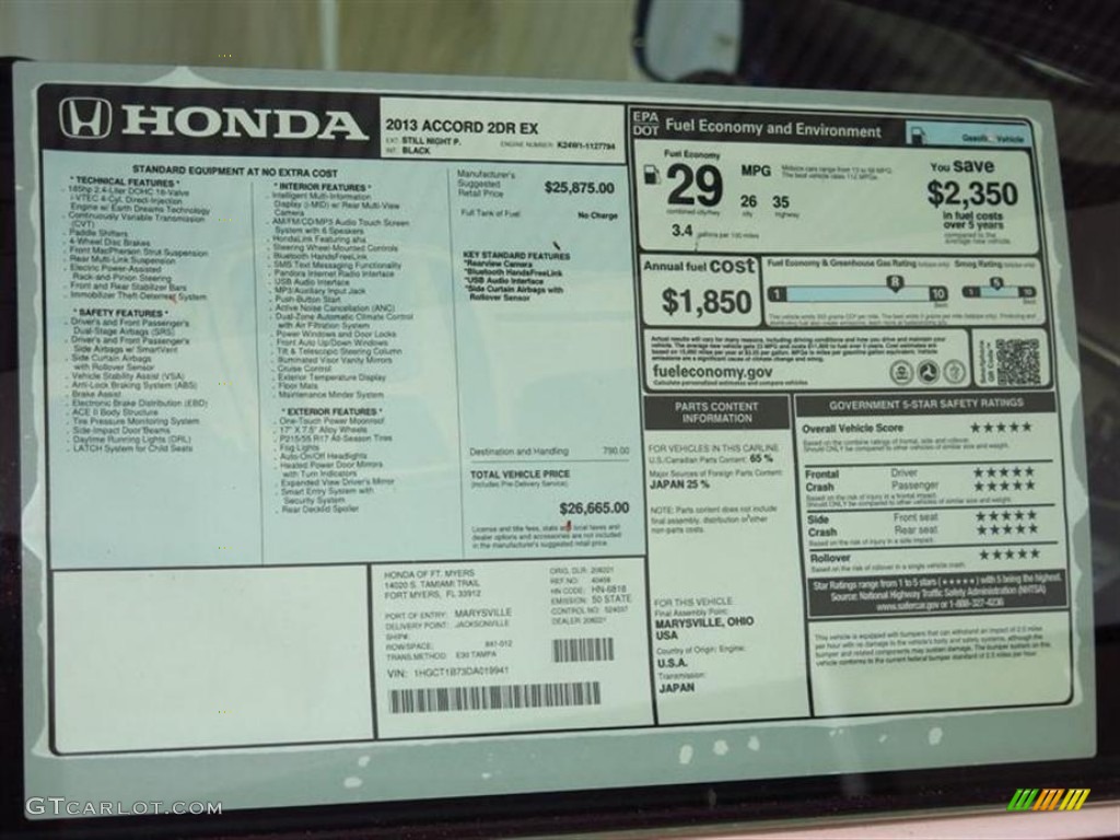 2013 Honda Accord LX-S Coupe Window Sticker Photos