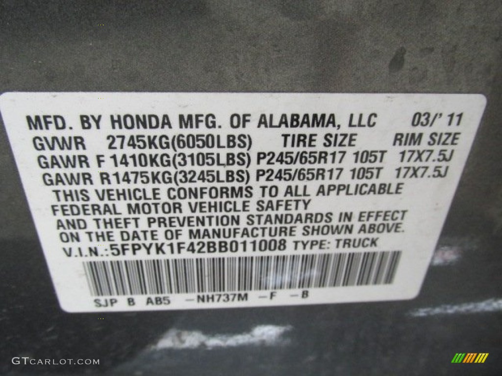 2011 Ridgeline Color Code NH737M for Polished Metal Metallic Photo #81096553