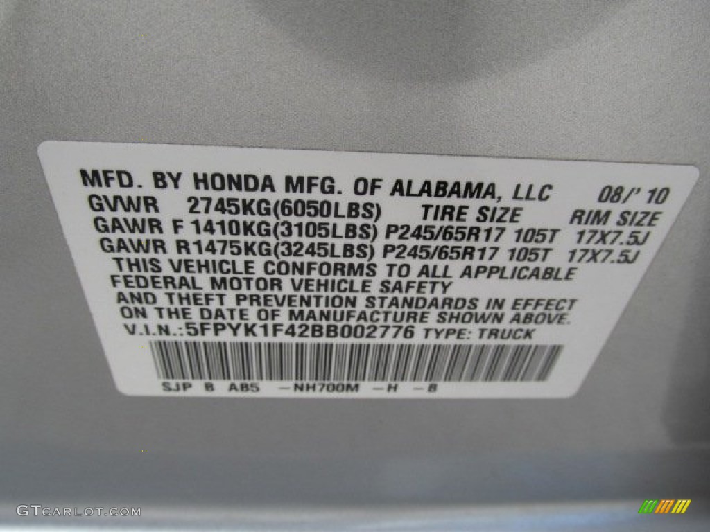 2011 Honda Ridgeline RTS Color Code Photos