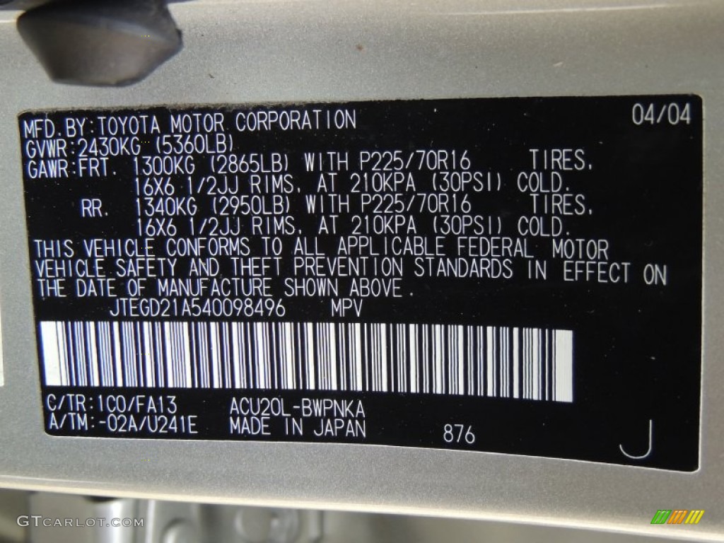 2004 Toyota Highlander I4 Color Code Photos