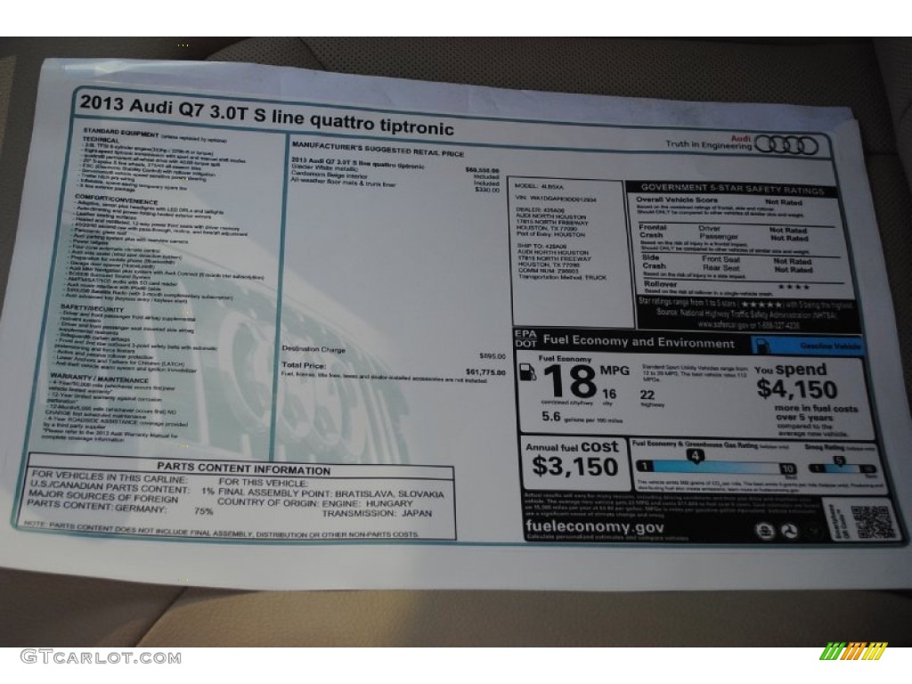 2013 Audi Q7 3.0 S Line quattro Window Sticker Photo #81122837