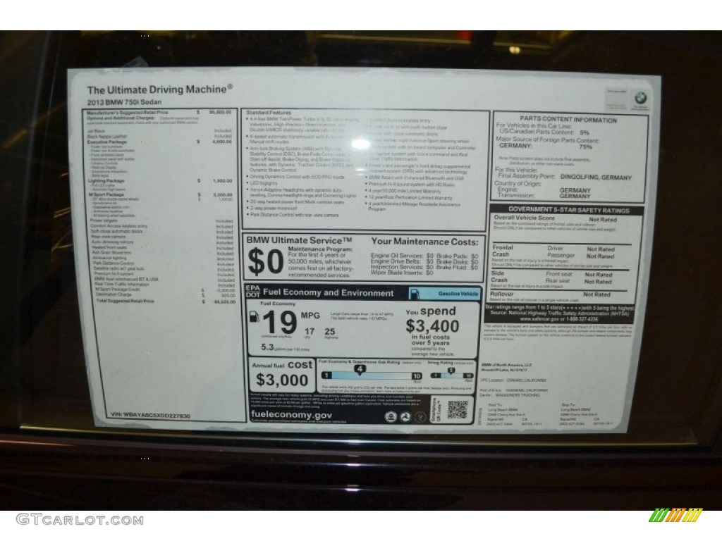 2013 BMW 7 Series 750i Sedan Window Sticker Photo #81125291