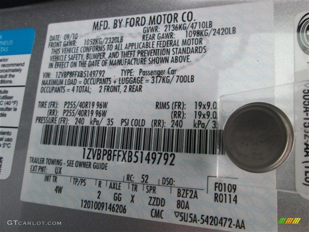 2011 Mustang Color Code UX for Ingot Silver Metallic Photo #81136568