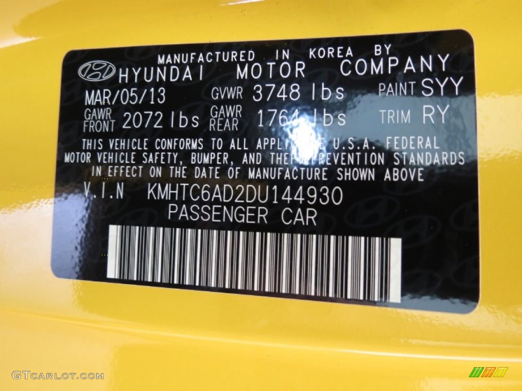 2013 Veloster Color Code SYY for 26.2 Yellow Photo #81137451