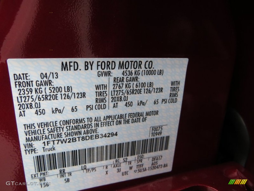 2013 F250 Super Duty Color Code RR for Ruby Red Metallic Photo #81141880
