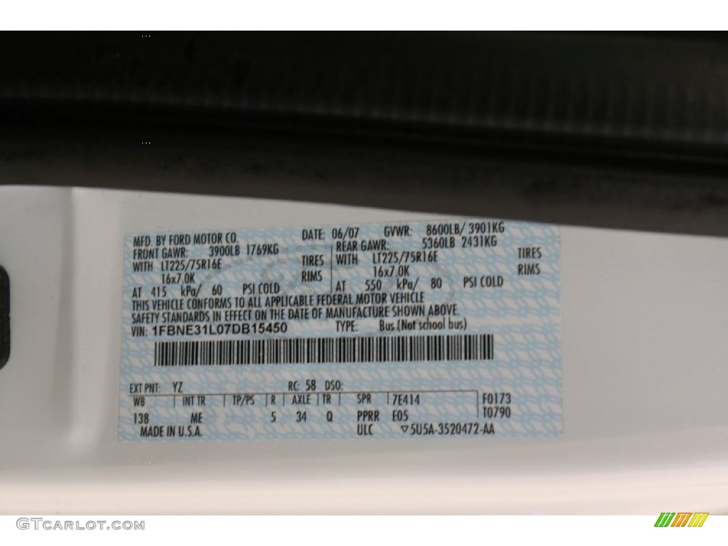 2007 Ford E Series Van E350 Super Duty XLT Passenger Color Code Photos