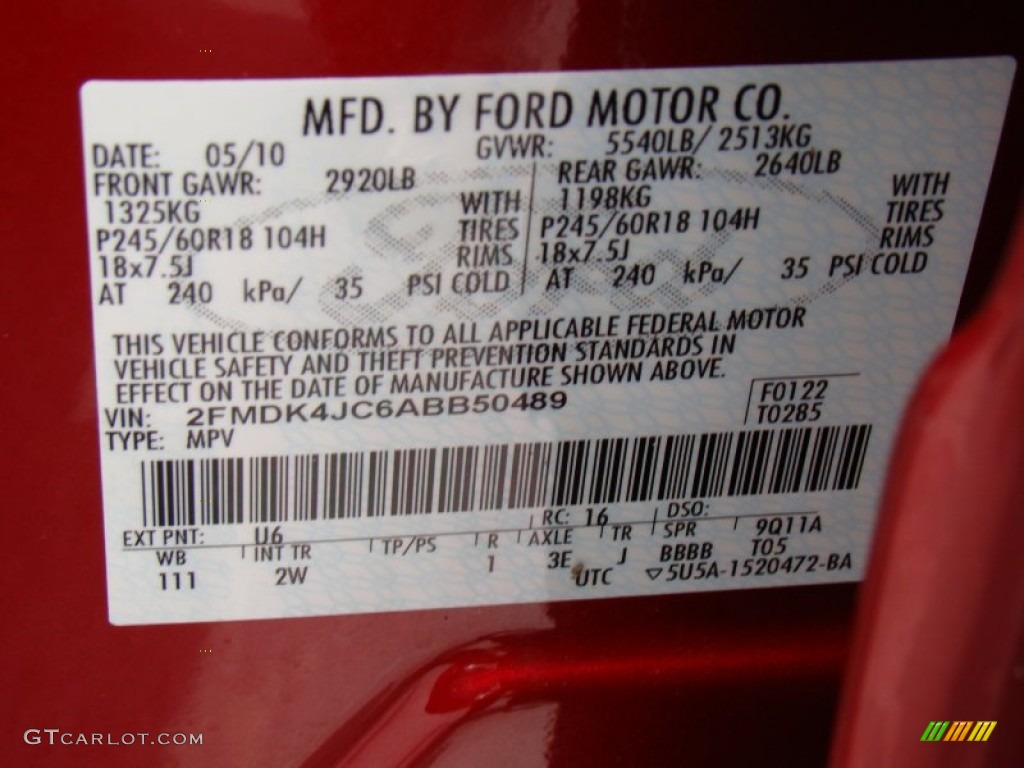 2010 Ford Edge SEL AWD Color Code Photos