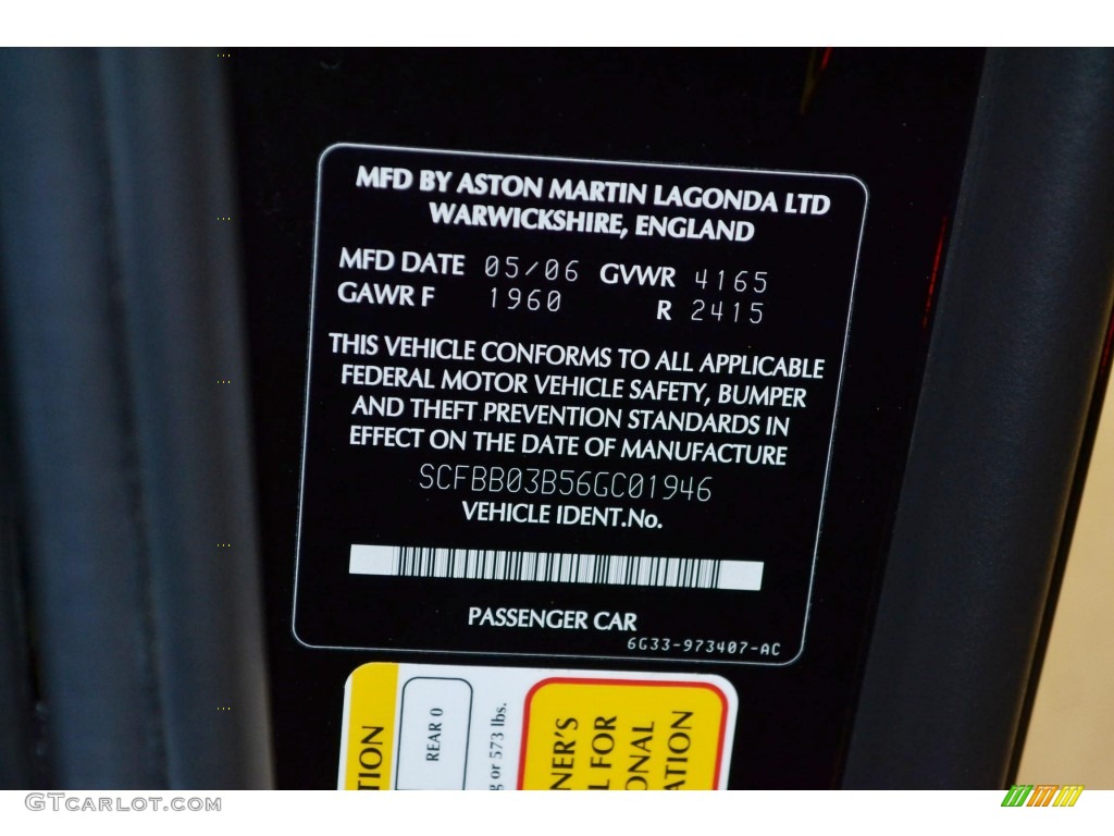 2006 Aston Martin V8 Vantage Coupe Info Tag Photo #81152958