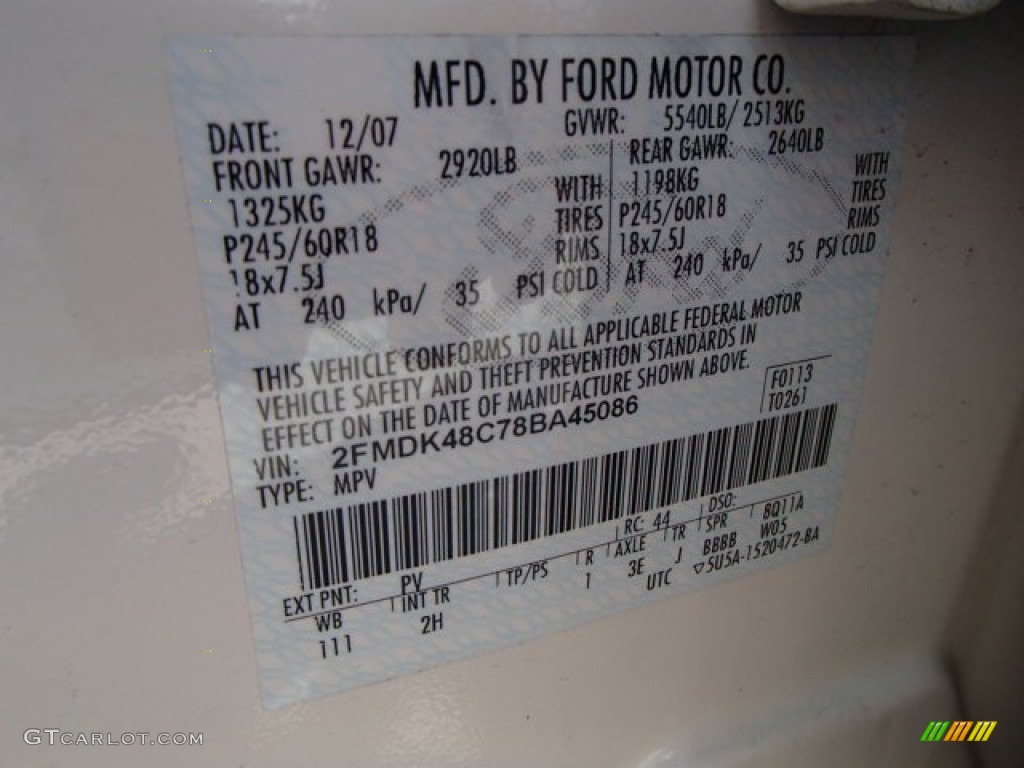 2008 Ford Edge SEL AWD Color Code Photos