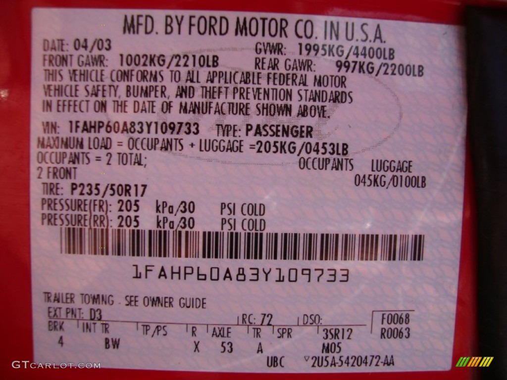 2003 Thunderbird Color Code D3 for Torch Red Photo #81166716