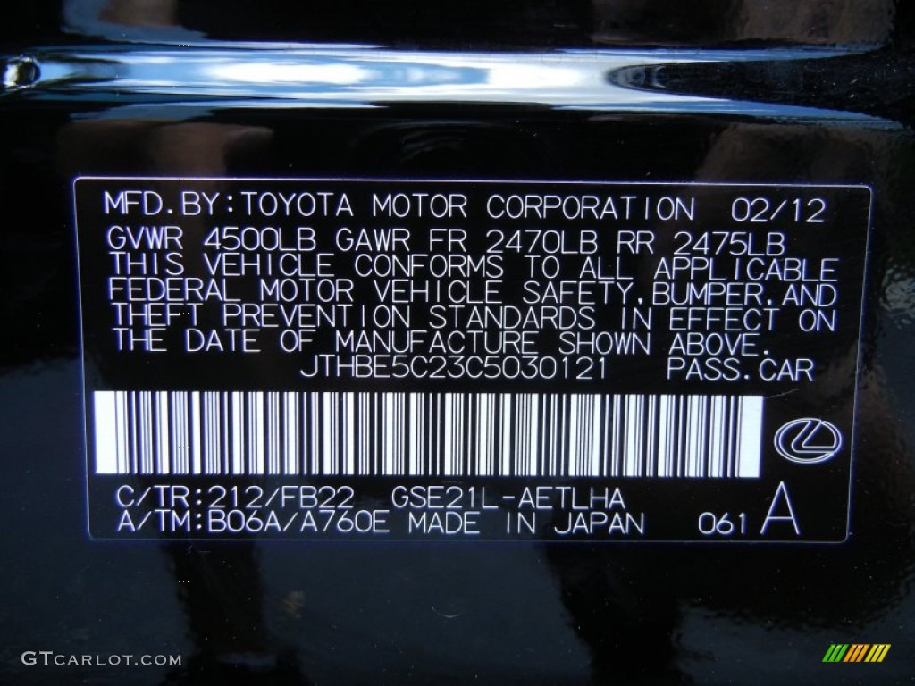 2012 Lexus IS 350 Color Code Photos