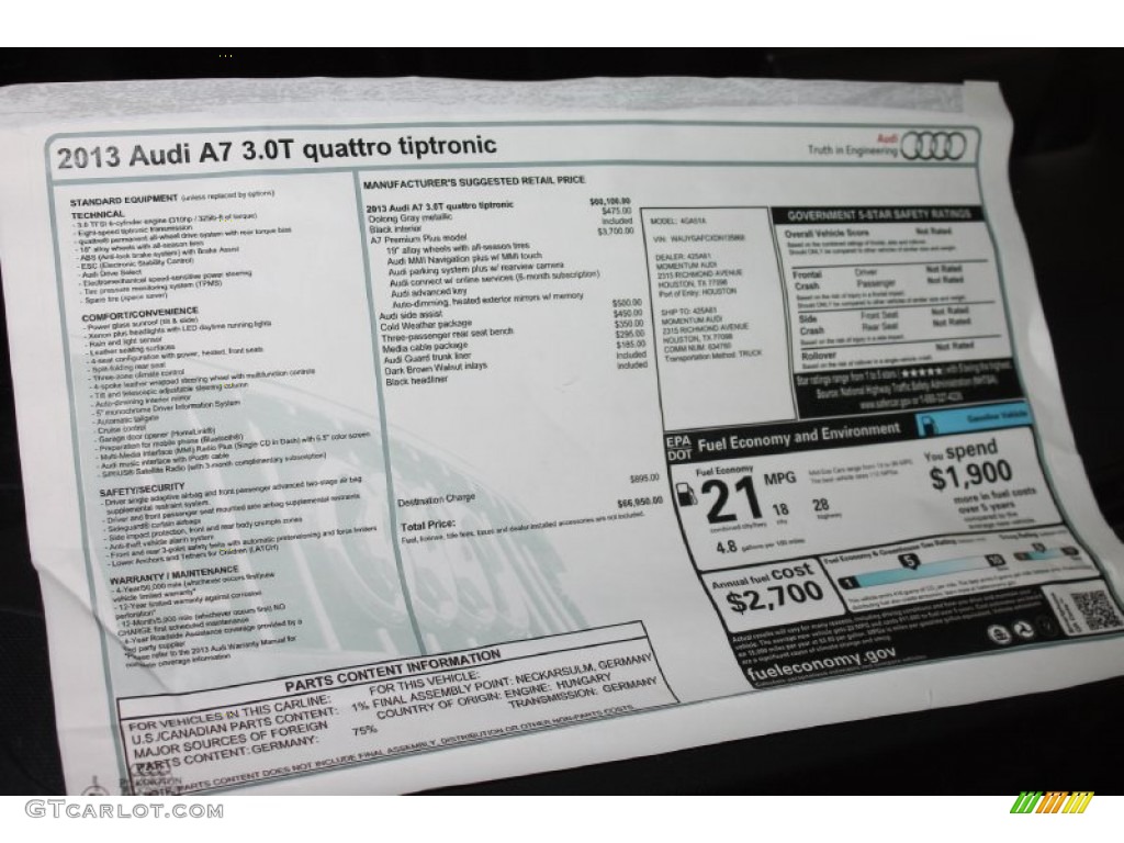 2013 Audi A7 3.0T quattro Premium Plus Window Sticker Photo #81189375