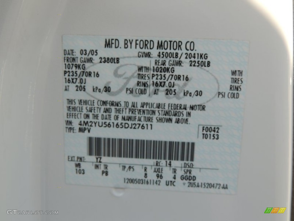 2005 Mariner V6 Premier - Oxford White / Black photo #27